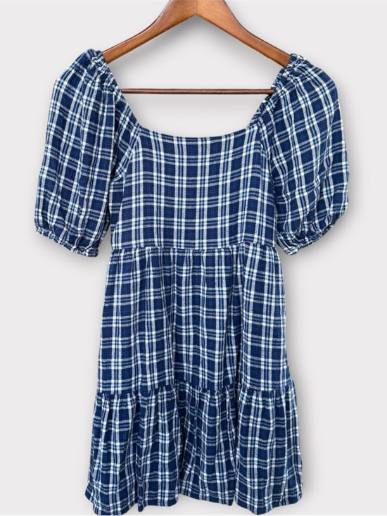 American Eagle Outfitters Dresses & Skirts - American Eagle Navy Blue Plaid Puff Sleeve Babydoll Cottagecore Mini Dress